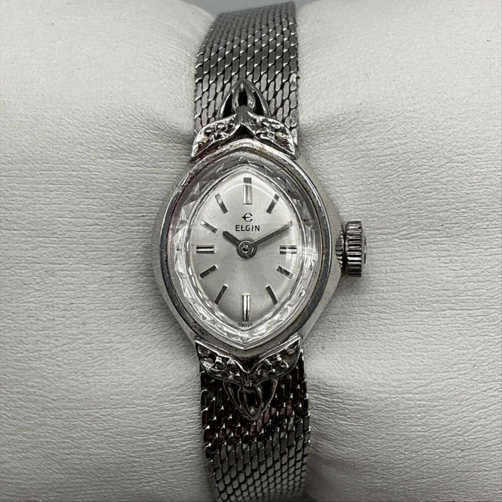 Vintage Elgin Womens Watch 16mm Silver Dial Mesh Band Manual Wind 10K RGP